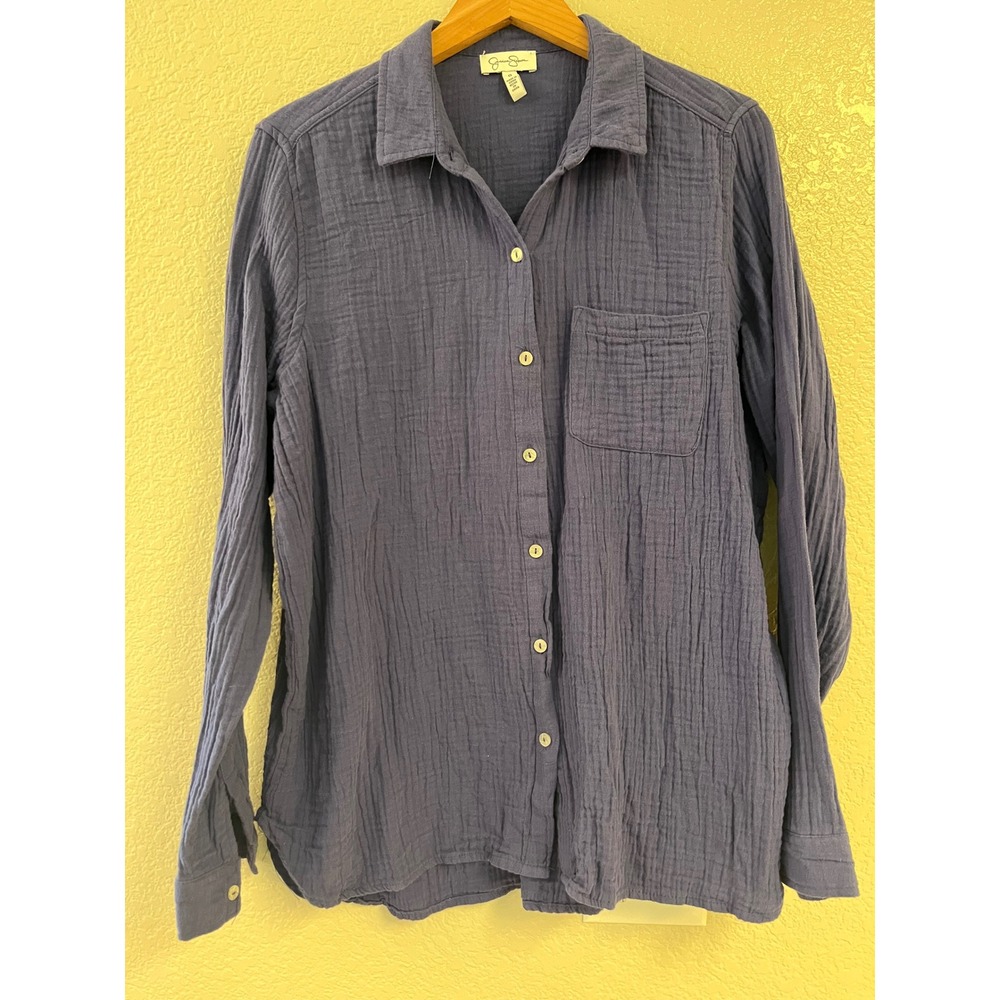 Jessica Simpson Blue Cotton Double Gauze Button Down Shirt Large Long Sleeve